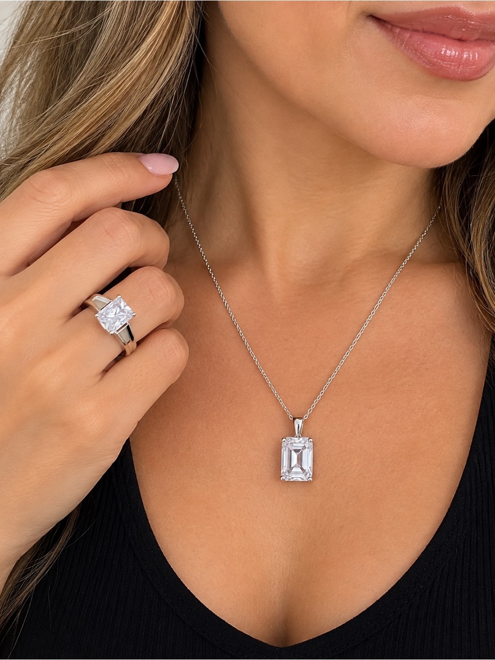 Emerald-Cut Clear Stone Pendant Necklace in Silver Tone ring size 7